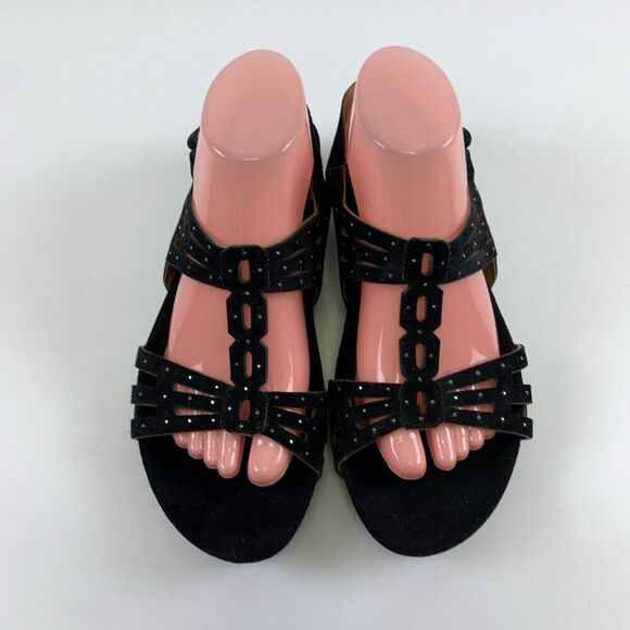Earthies Tica Slingback Sandal Black Nubuck Leather Rhinestone Low Heel Size 9.5 - Picture 4 of 12